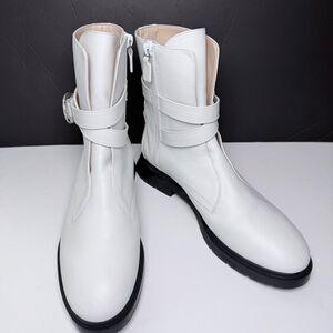 Stuart Weitzman White Leather Moto Ankle Boots Rhinestone Buckle Lug Sole 10B